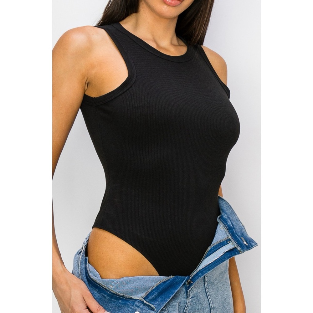 Black ribbed solid bodysuit